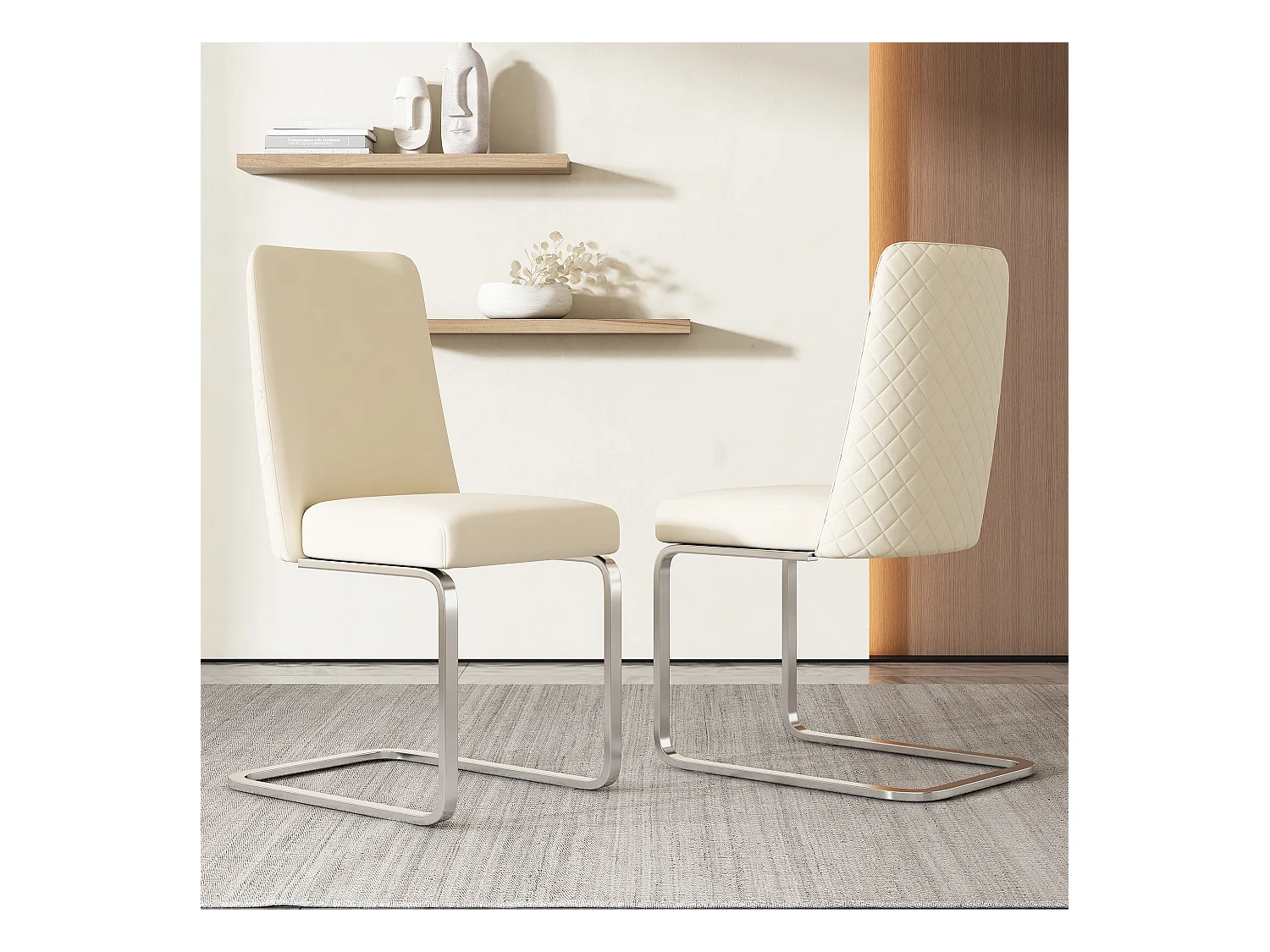 Lot de 2 chaises à manger en velours avec dossier - pieds en métal argenté - beige