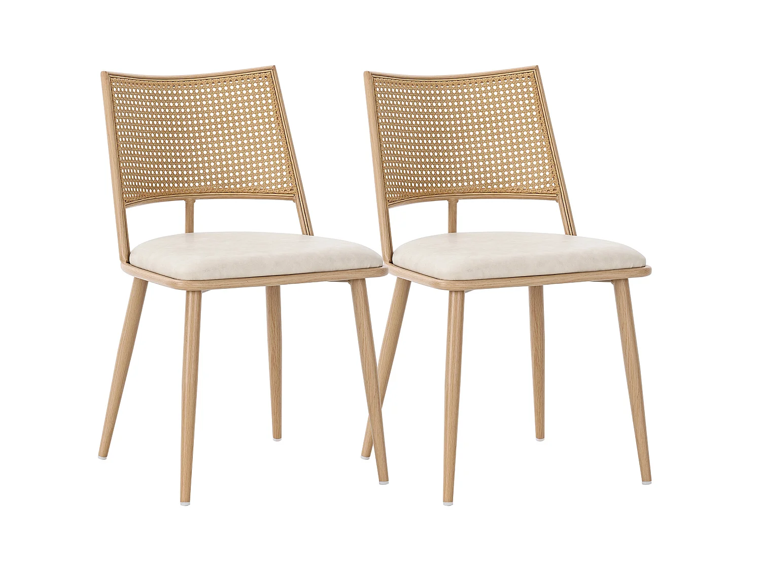 Lot de 2 chaises à manger en similicuir avec dossier en rotin - pieds en bois - beige