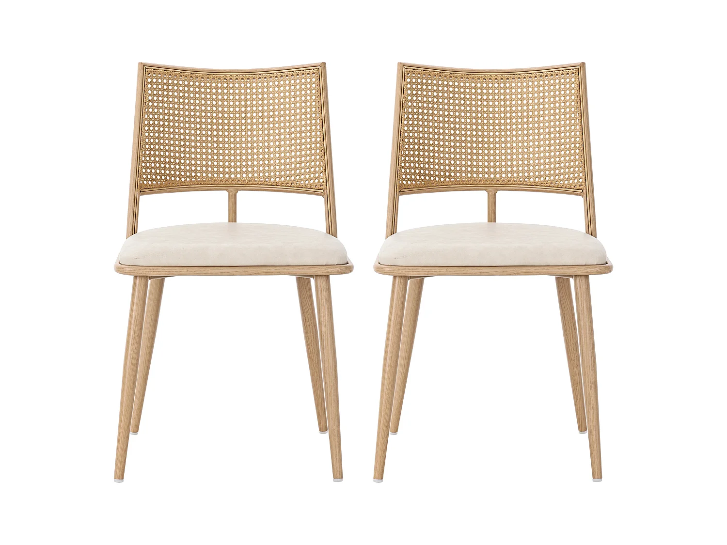 Lot de 2 chaises à manger en similicuir avec dossier en rotin - pieds en bois - beige