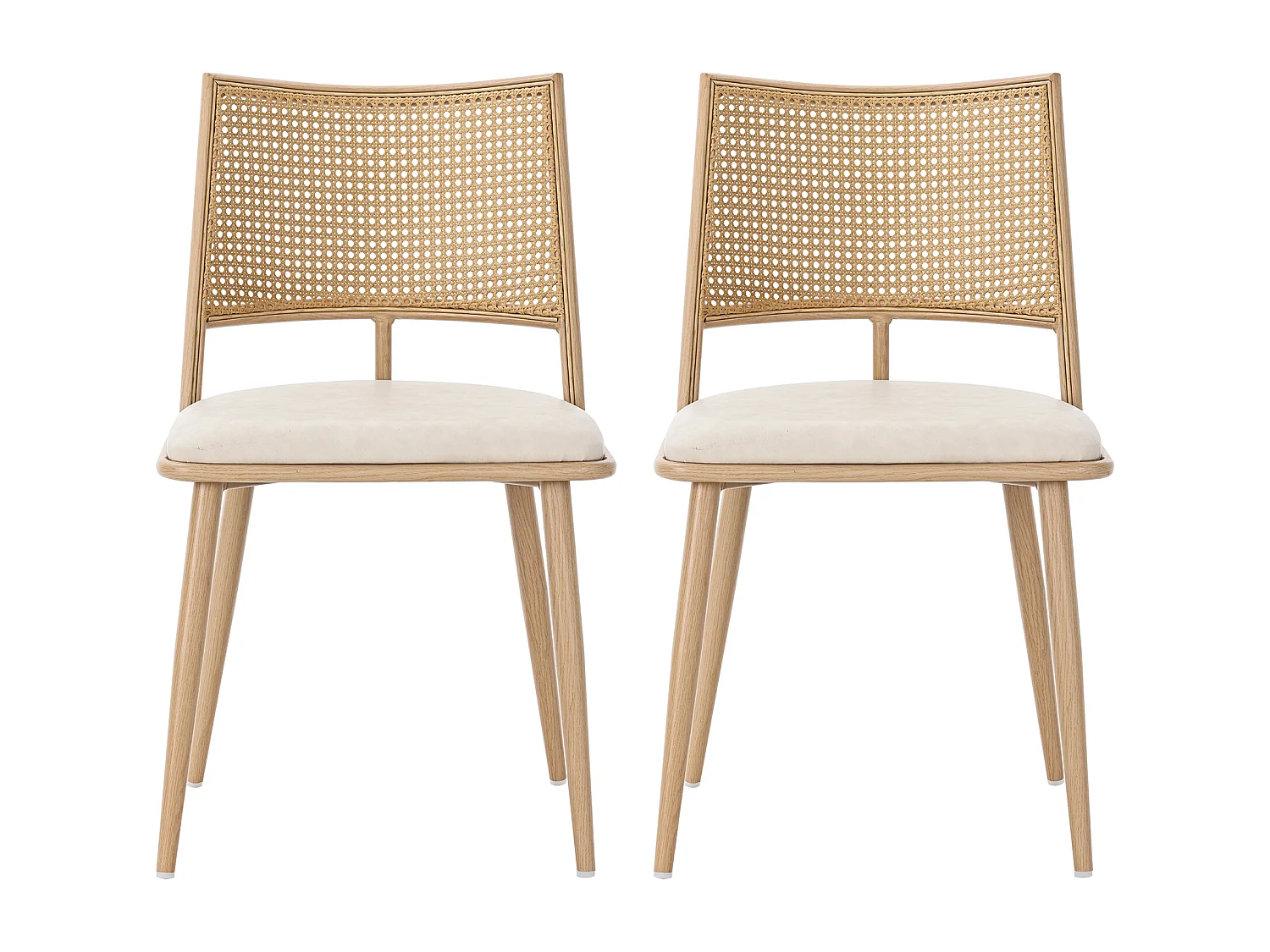 Lot de 2 chaises à manger en similicuir avec dossier en rotin - pieds en bois - beige