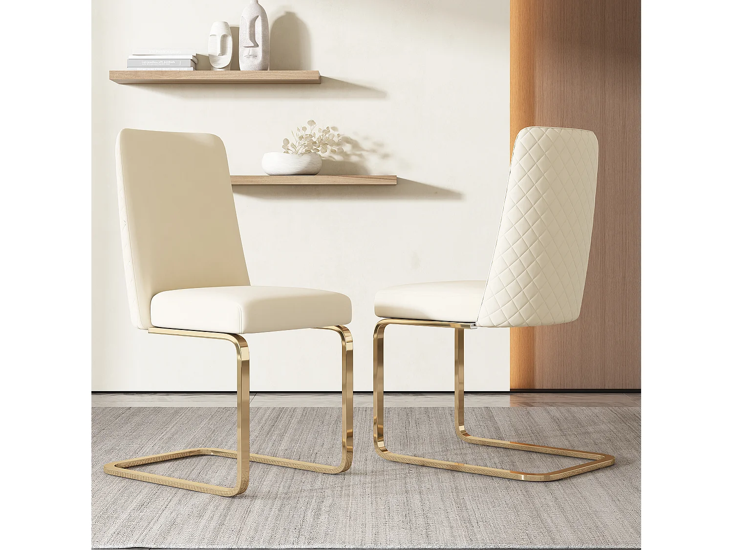 Lot de 2 chaises à manger en velours avec dossier - pieds en métal doré - beige