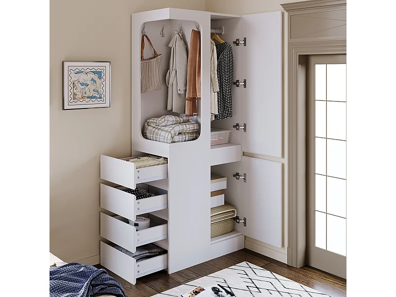 Armoire avec 4 tiroirs et compartiments de rangement - espace vêtements ouvert - bois - blanc