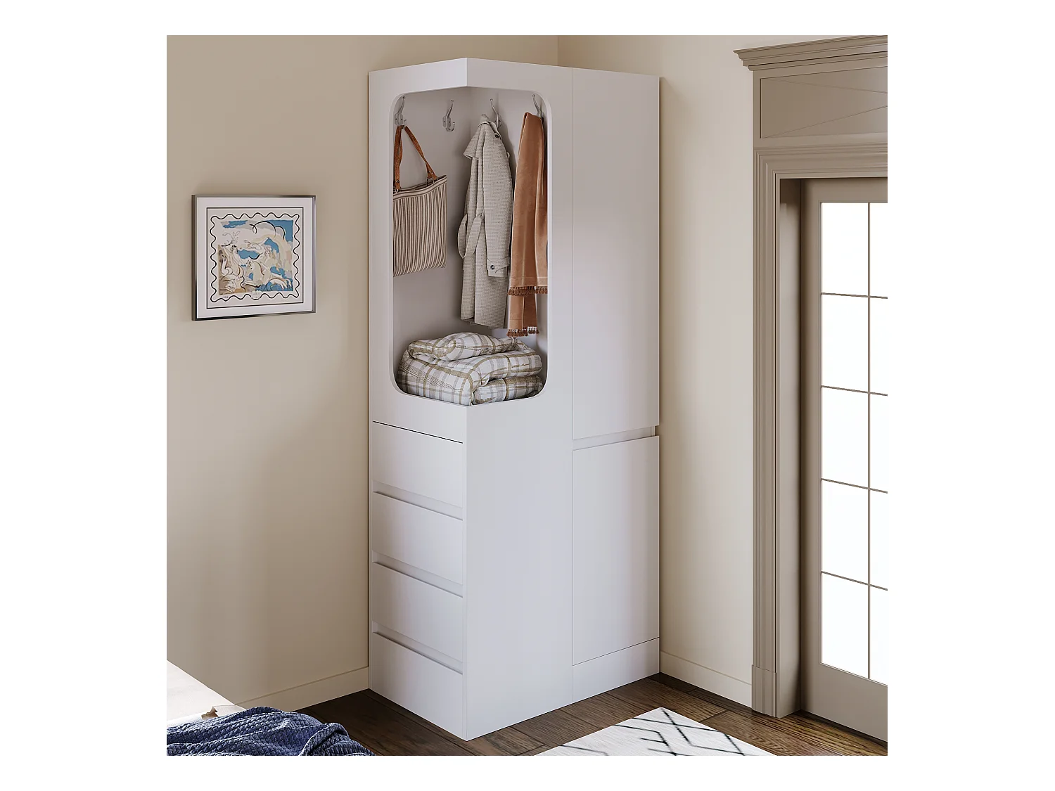 Guarda-roupa com 4 gavetas e compartimentos de arrumação - espaço aberto para roupa - madeira - branco