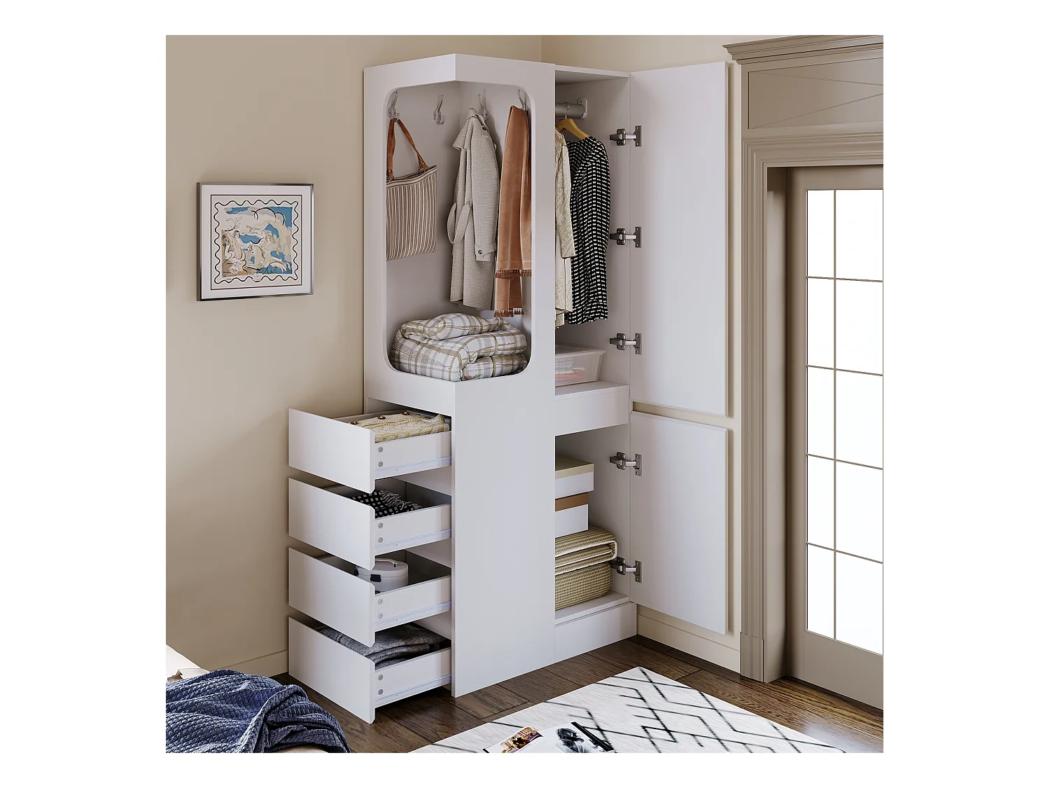 Armoire avec 4 tiroirs et compartiments de rangement - espace vêtements ouvert - bois - blanc