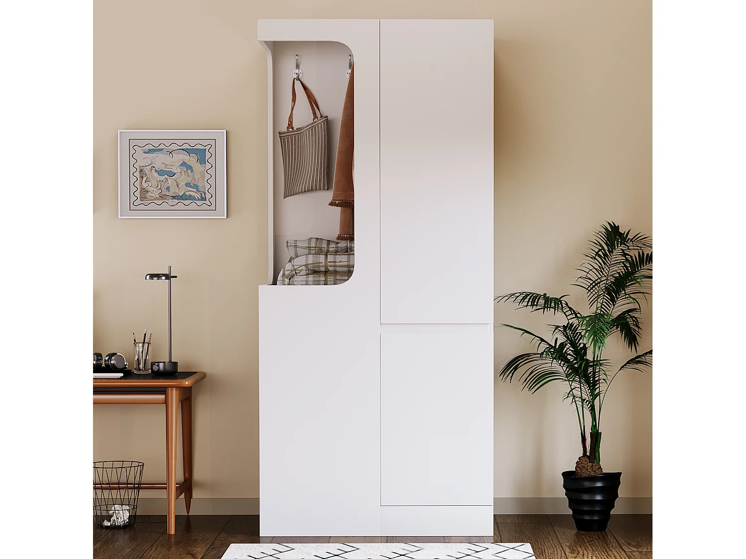 Armadio con 4 cassetti e vani portaoggetti - vano guardaroba aperto - legno - bianco