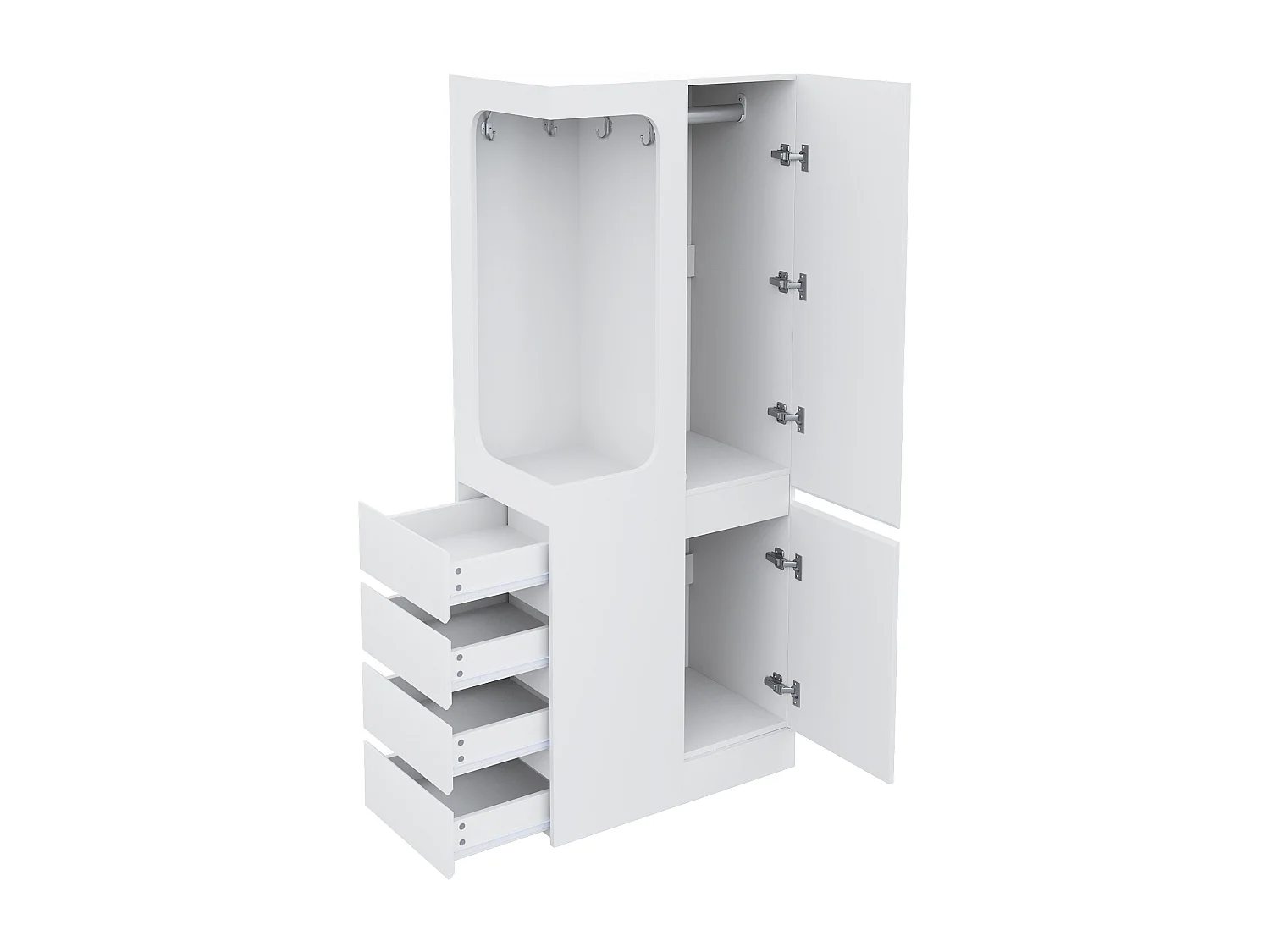 Armadio con 4 cassetti e vani portaoggetti - vano guardaroba aperto - legno - bianco