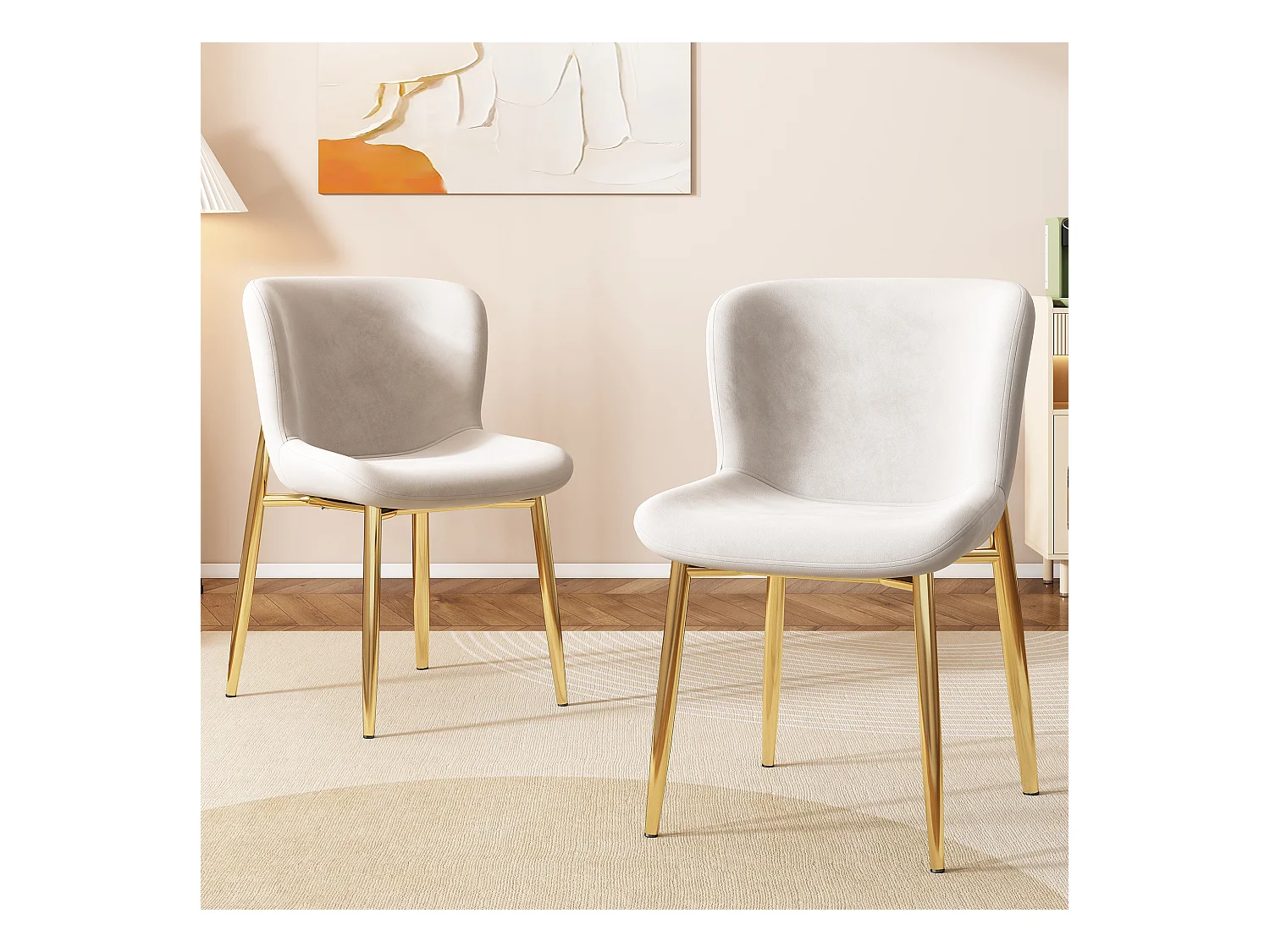 Lot de 2 chaises à manger en velours avec dossier - pieds en métal - beige