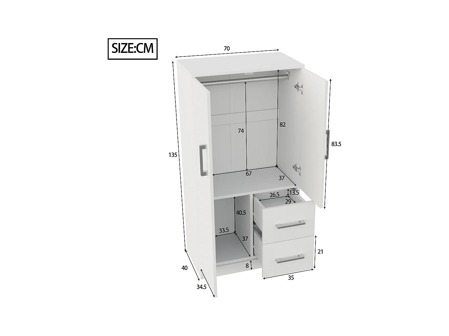Armoire à 2 portes pour enfant avec 2 tiroirs et compartiments de rangement - 70 x 45 x 135 cm - bois - blanc
