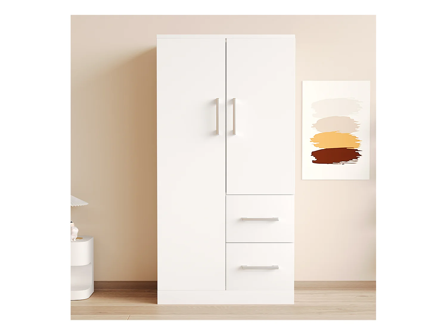 Kinderkleiderschrank 2-türig mit 2 Schubladen und Ablagefächern - 70 x 45 x 135 cm - Holz - weiß