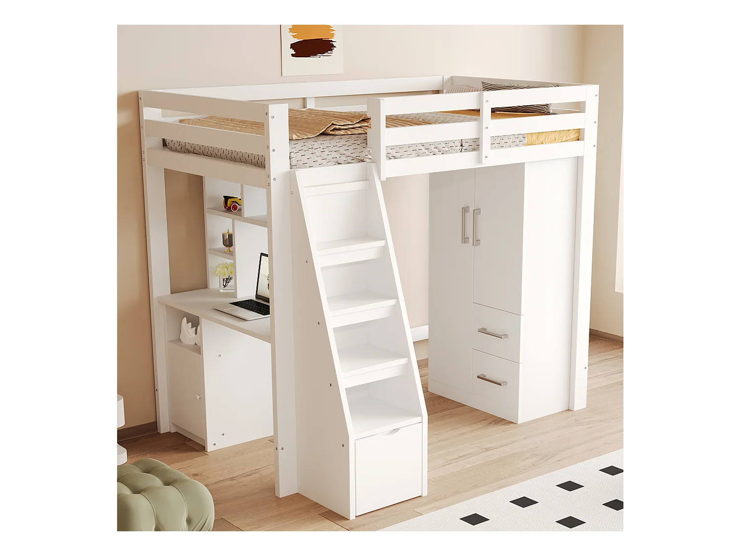 Kinderkleiderschrank 2-türig mit 2 Schubladen und Ablagefächern - 70 x 45 x 135 cm - Holz - weiß