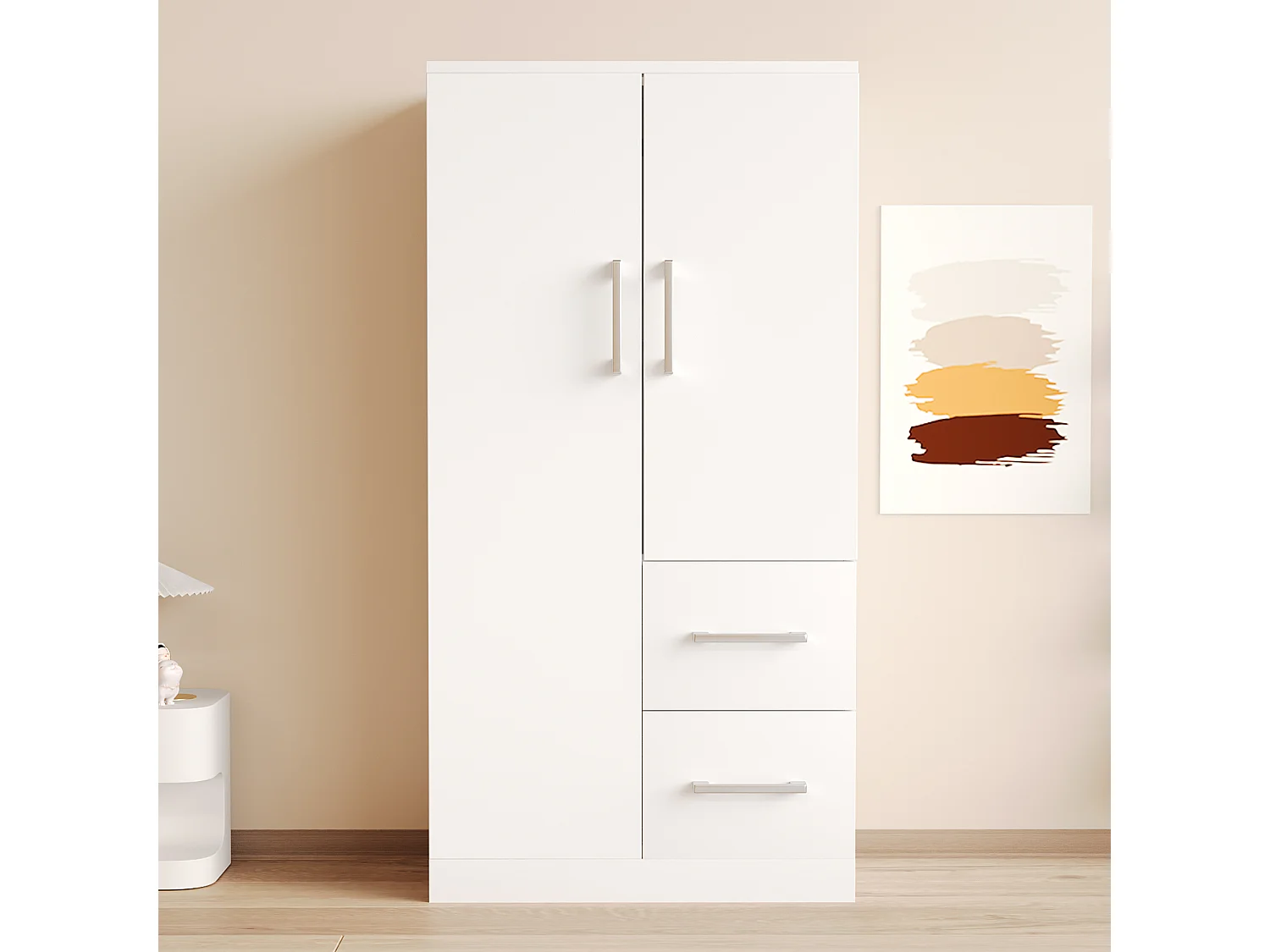 Armoire à 2 portes pour enfant avec 2 tiroirs et compartiments de rangement - 70 x 45 x 135 cm - bois - blanc