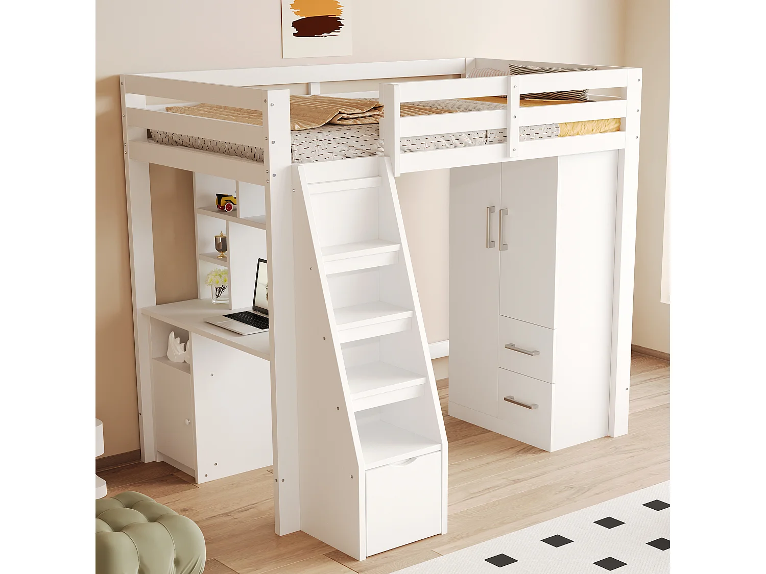 Armoire à 2 portes pour enfant avec 2 tiroirs et compartiments de rangement - 70 x 45 x 135 cm - bois - blanc
