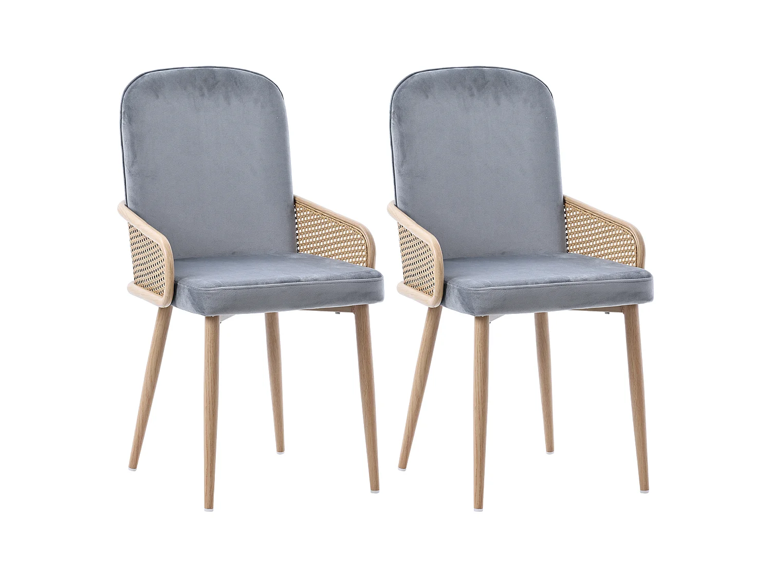 Lot de 2 chaises à manger en velours avec accoudoirs en rotin et dossier - pieds en métal - gris