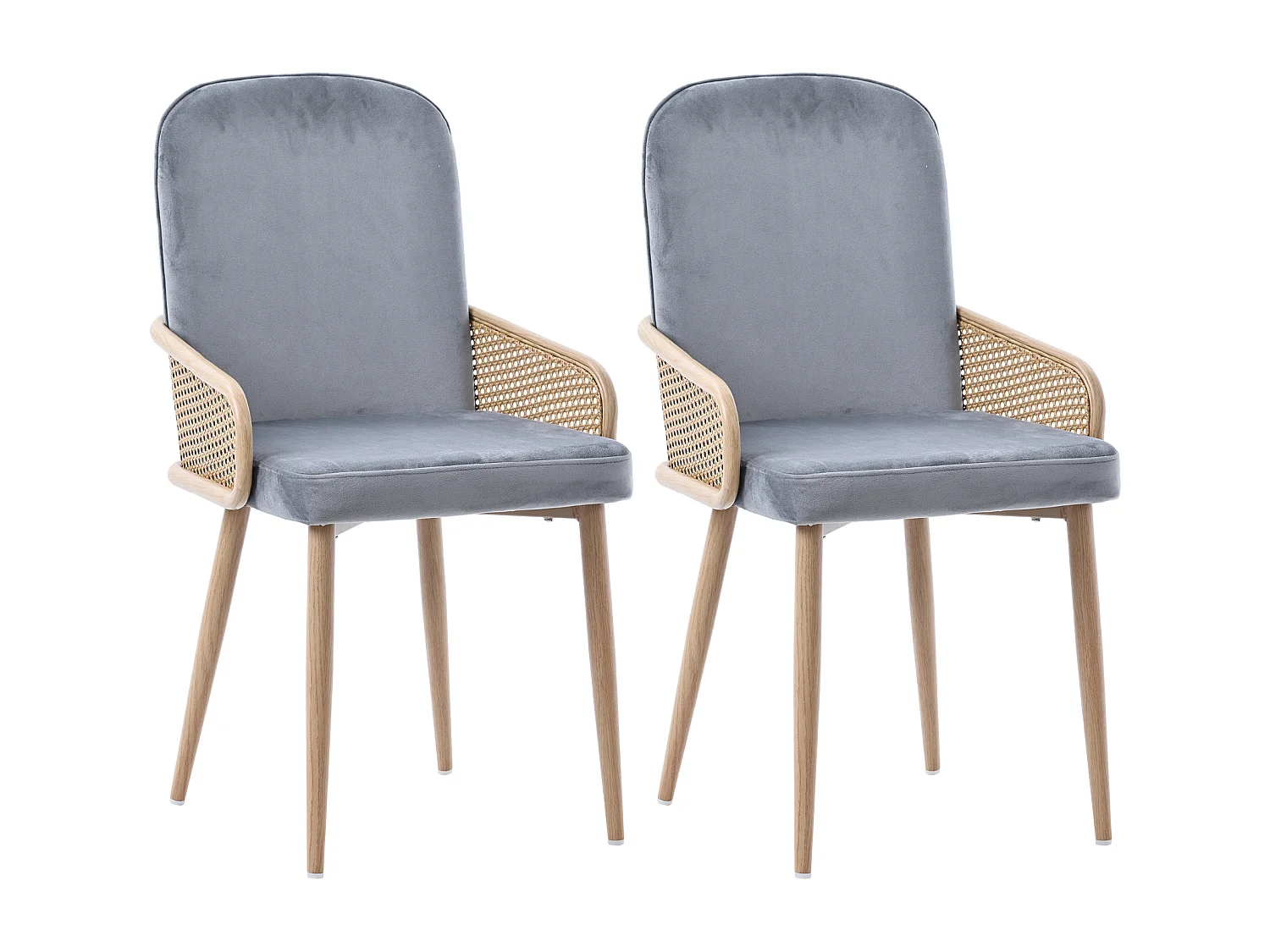 Lot de 2 chaises à manger en velours avec accoudoirs en rotin et dossier - pieds en métal - gris