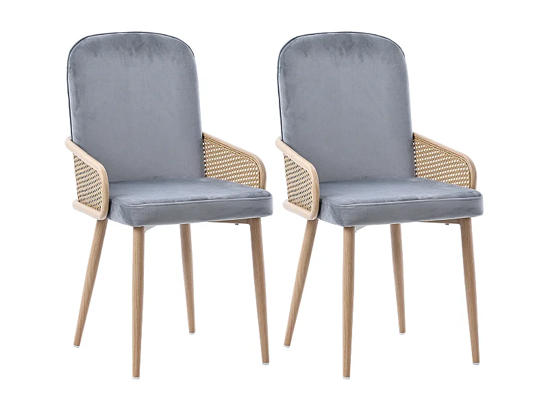 Set van 2 fluwelen eetkamerstoelen met rotan armleuningen en rugleuning - metalen poten - grijs
