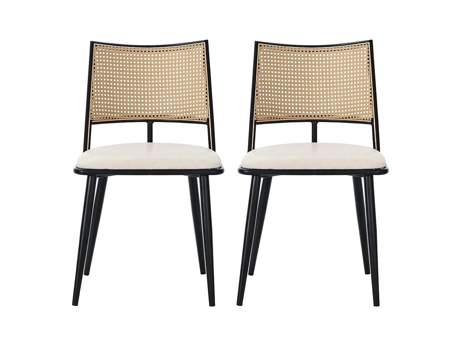 Lot de 2 chaises à manger en similicuir avec dossier en rotin - pieds en bois - noir