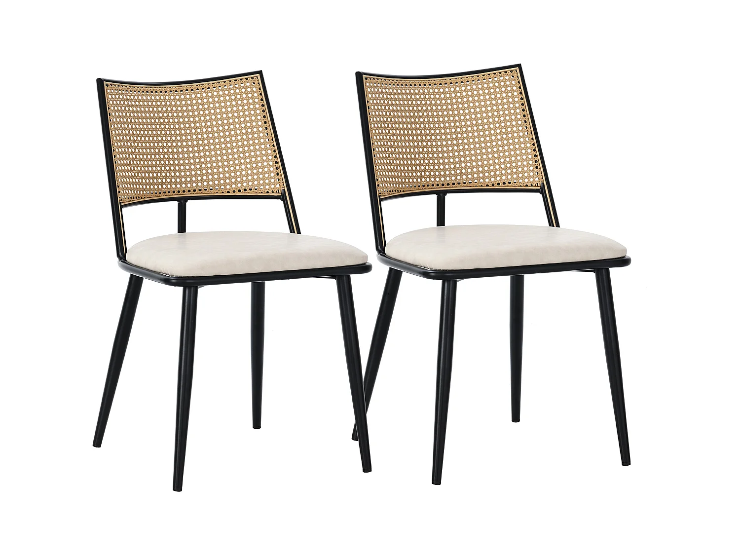 Lot de 2 chaises à manger en similicuir avec dossier en rotin - pieds en bois - noir