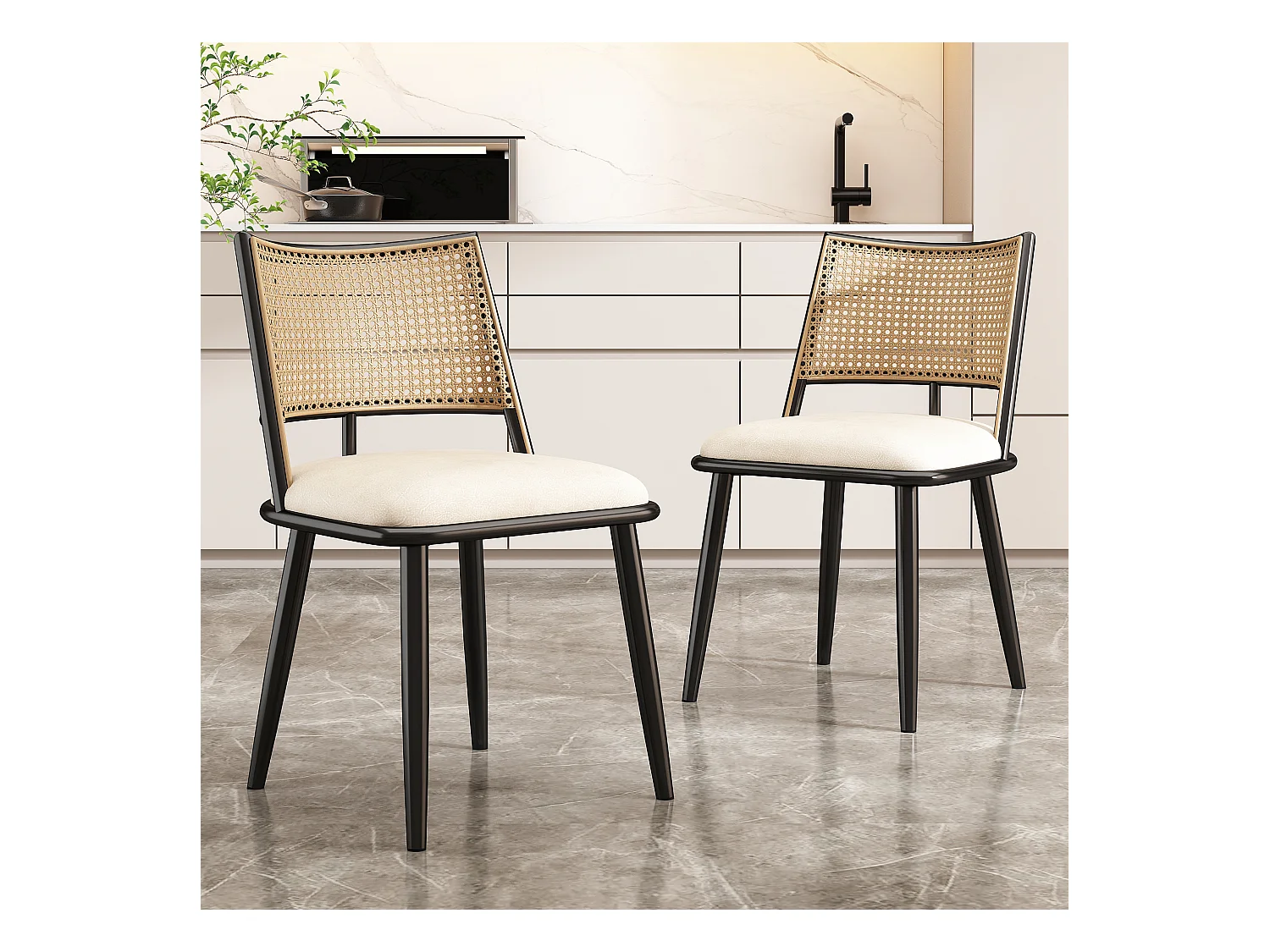 Lot de 2 chaises à manger en similicuir avec dossier en rotin - pieds en bois - noir