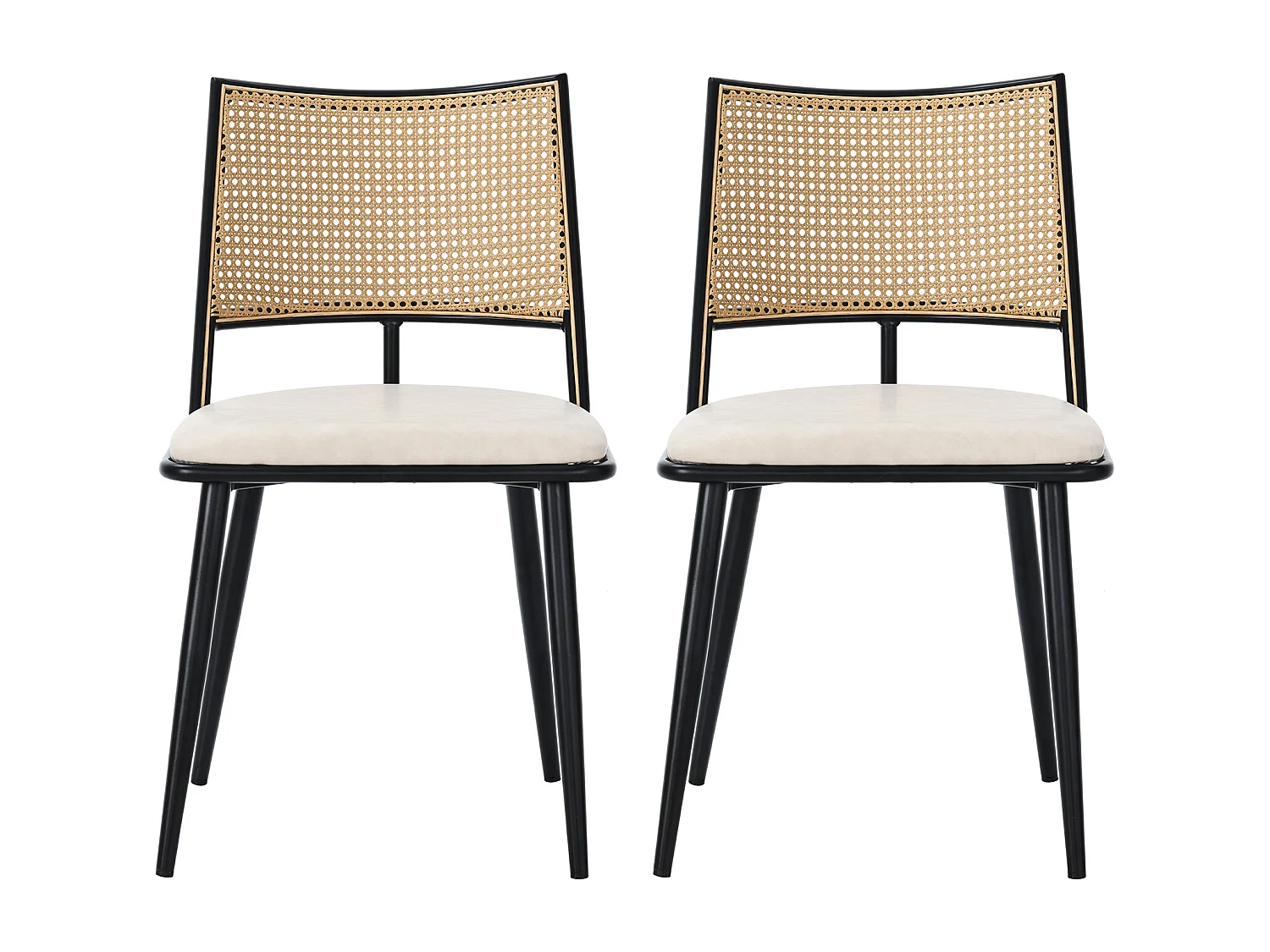 Lot de 2 chaises à manger en similicuir avec dossier en rotin - pieds en bois - noir