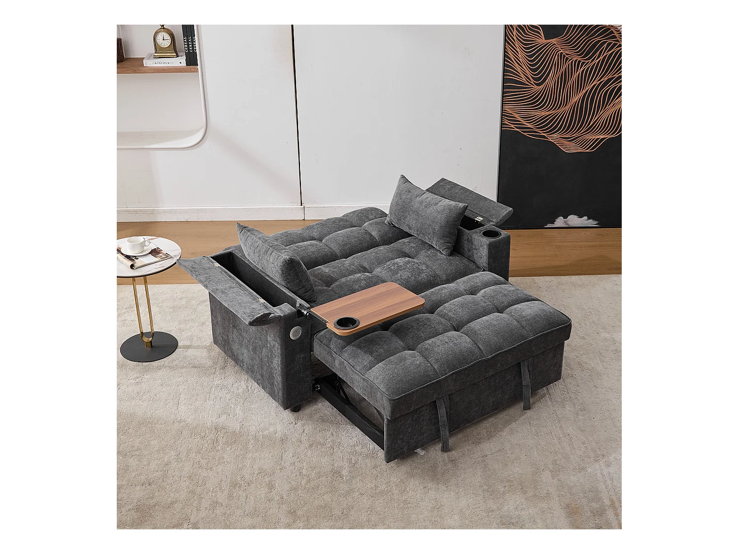 2-Sitzer-Schlafsofa 3 in 1 – 140,5 x 74 x 82 cm – mit verstellbarer Rückenlehne + USB + 1 versteckter Tisch – MDF – grau