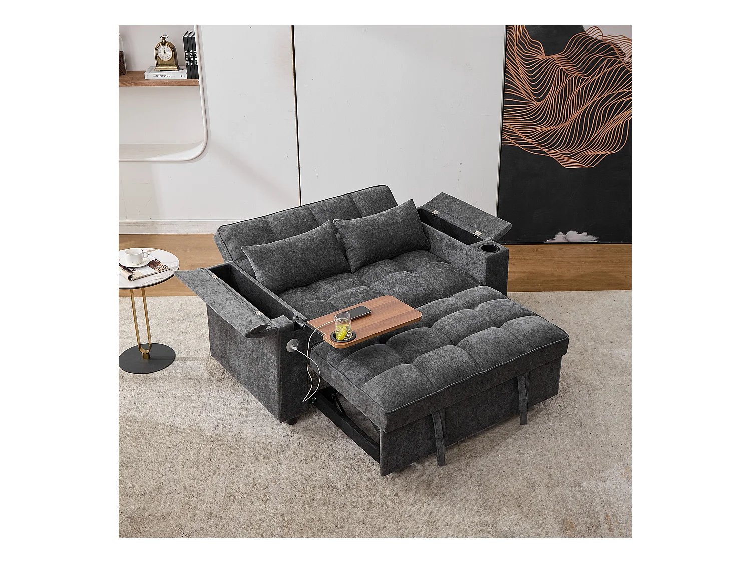 2-Sitzer-Schlafsofa 3 in 1 – 140,5 x 74 x 82 cm – mit verstellbarer Rückenlehne + USB + 1 versteckter Tisch – MDF – grau