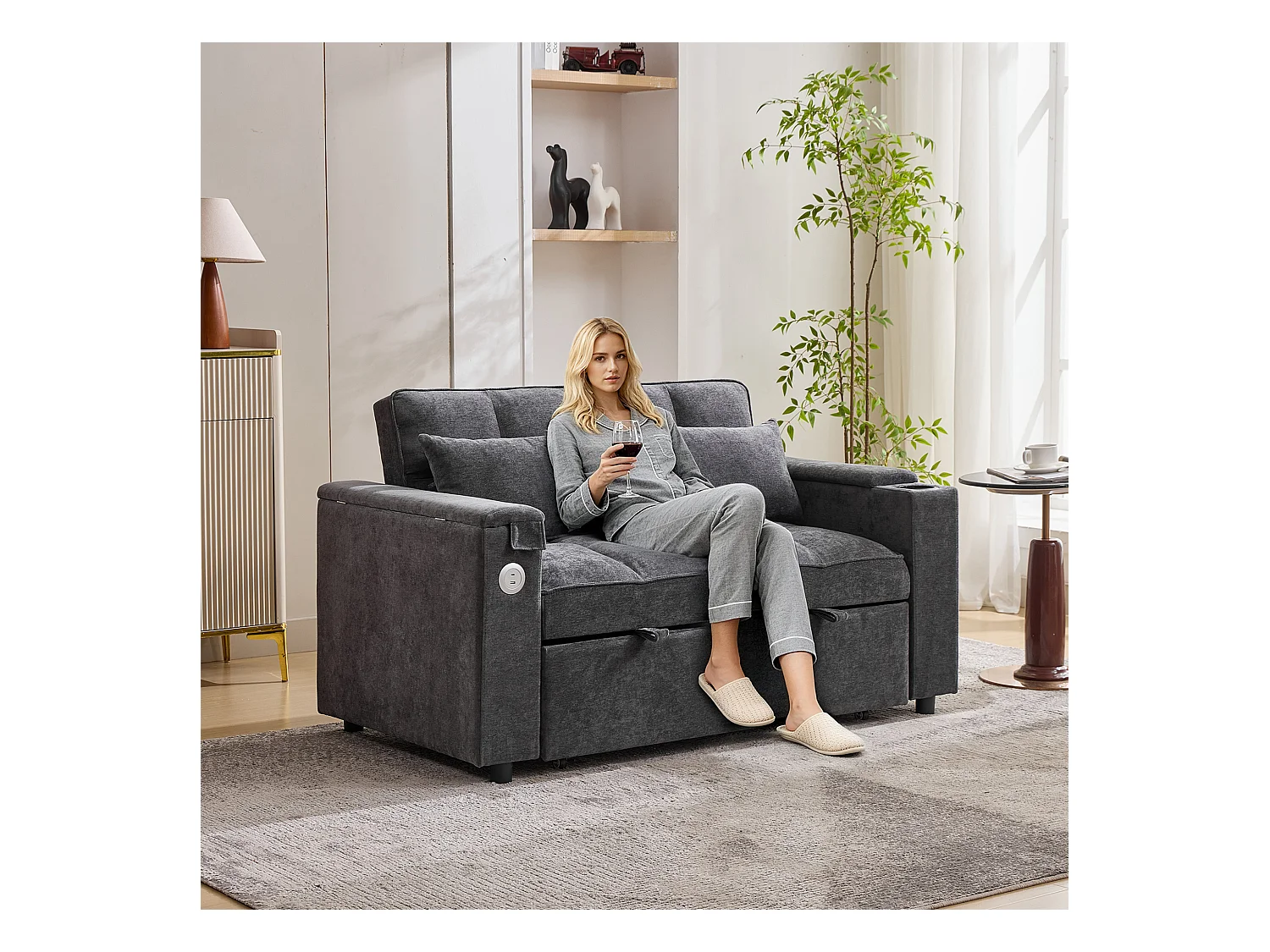 2-Sitzer-Schlafsofa 3 in 1 – 140,5 x 74 x 82 cm – mit verstellbarer Rückenlehne + USB + 1 versteckter Tisch – MDF – grau