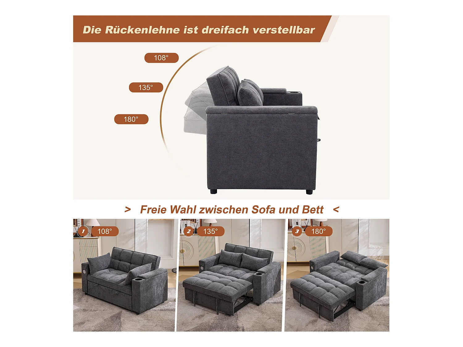 2-Sitzer-Schlafsofa 3 in 1 – 140,5 x 74 x 82 cm – mit verstellbarer Rückenlehne + USB + 1 versteckter Tisch – MDF – grau