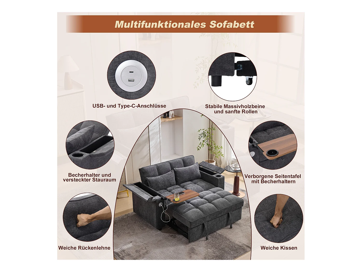 2-Sitzer-Schlafsofa 3 in 1 – 140,5 x 74 x 82 cm – mit verstellbarer Rückenlehne + USB + 1 versteckter Tisch – MDF – grau