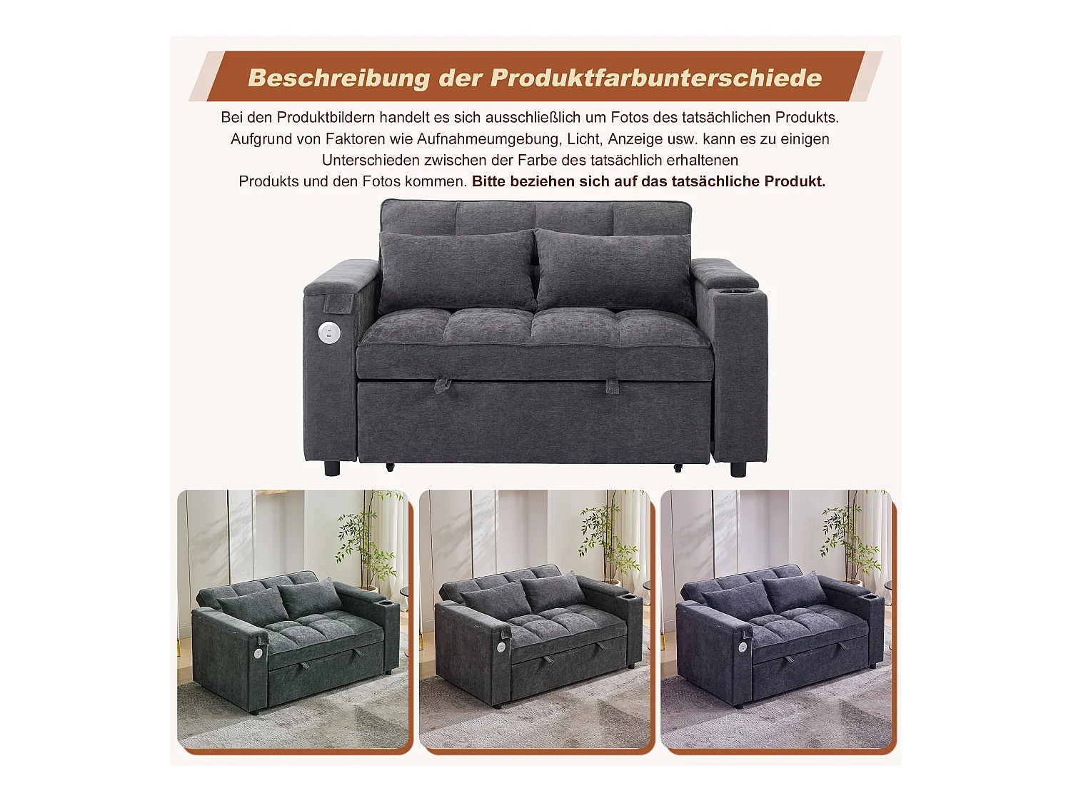 2-Sitzer-Schlafsofa 3 in 1 – 140,5 x 74 x 82 cm – mit verstellbarer Rückenlehne + USB + 1 versteckter Tisch – MDF – grau