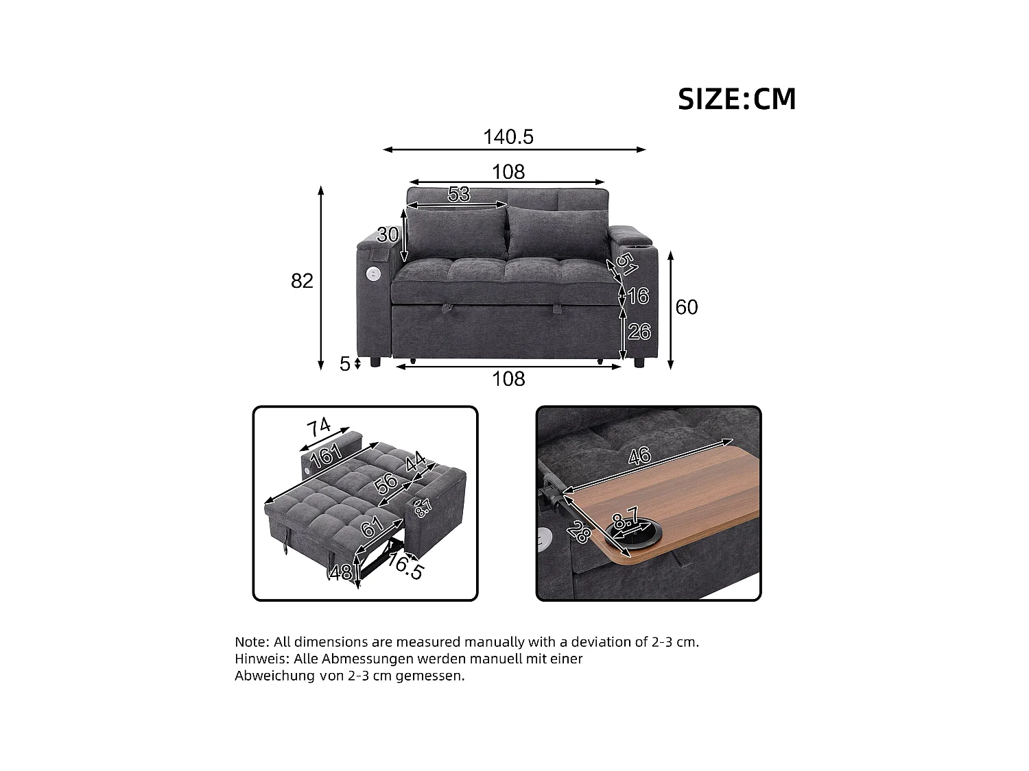 2-Sitzer-Schlafsofa 3 in 1 – 140,5 x 74 x 82 cm – mit verstellbarer Rückenlehne + USB + 1 versteckter Tisch – MDF – grau