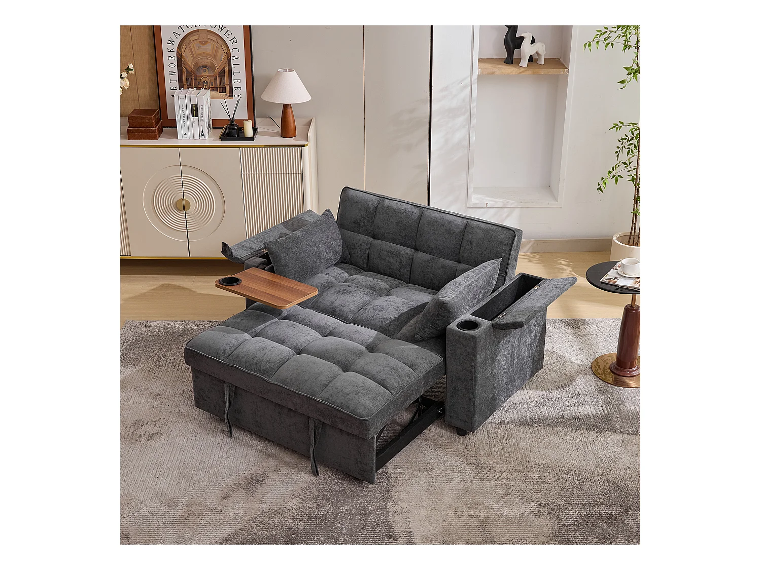 Canapé 2 places convertible 3 en 1 - 140.5 x 74 x 82 cm - avec dossier réglable + USB + 1 table cachée - MDF - gris