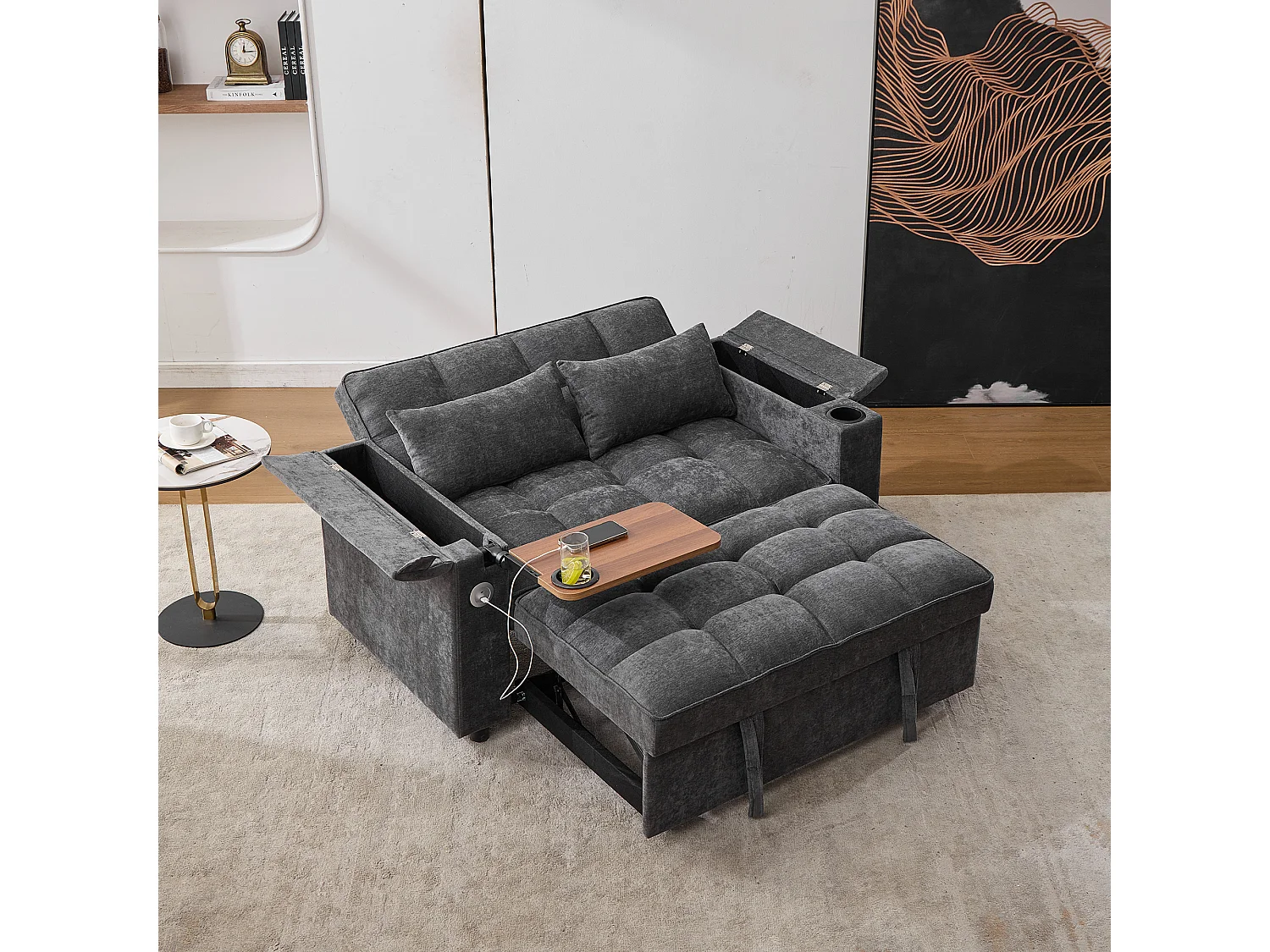 Sofá-cama 2 lugares 3 em 1 - 140,5 x 74 x 82 cm - com encosto ajustável + USB + 1 mesa escondida - MDF - cinza