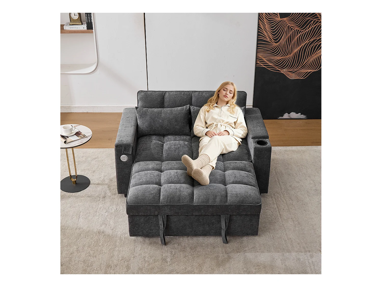 Sofá-cama 2 lugares 3 em 1 - 140,5 x 74 x 82 cm - com encosto ajustável + USB + 1 mesa escondida - MDF - cinza