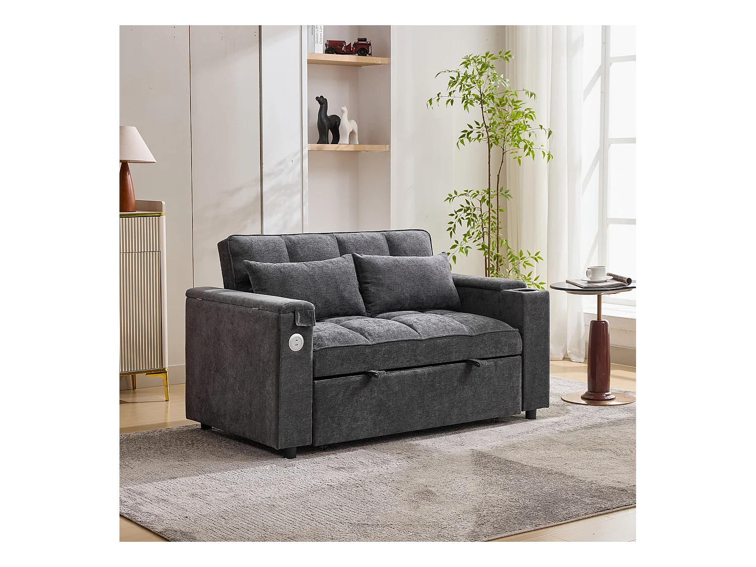 Sofá-cama 2 lugares 3 em 1 - 140,5 x 74 x 82 cm - com encosto ajustável + USB + 1 mesa escondida - MDF - cinza