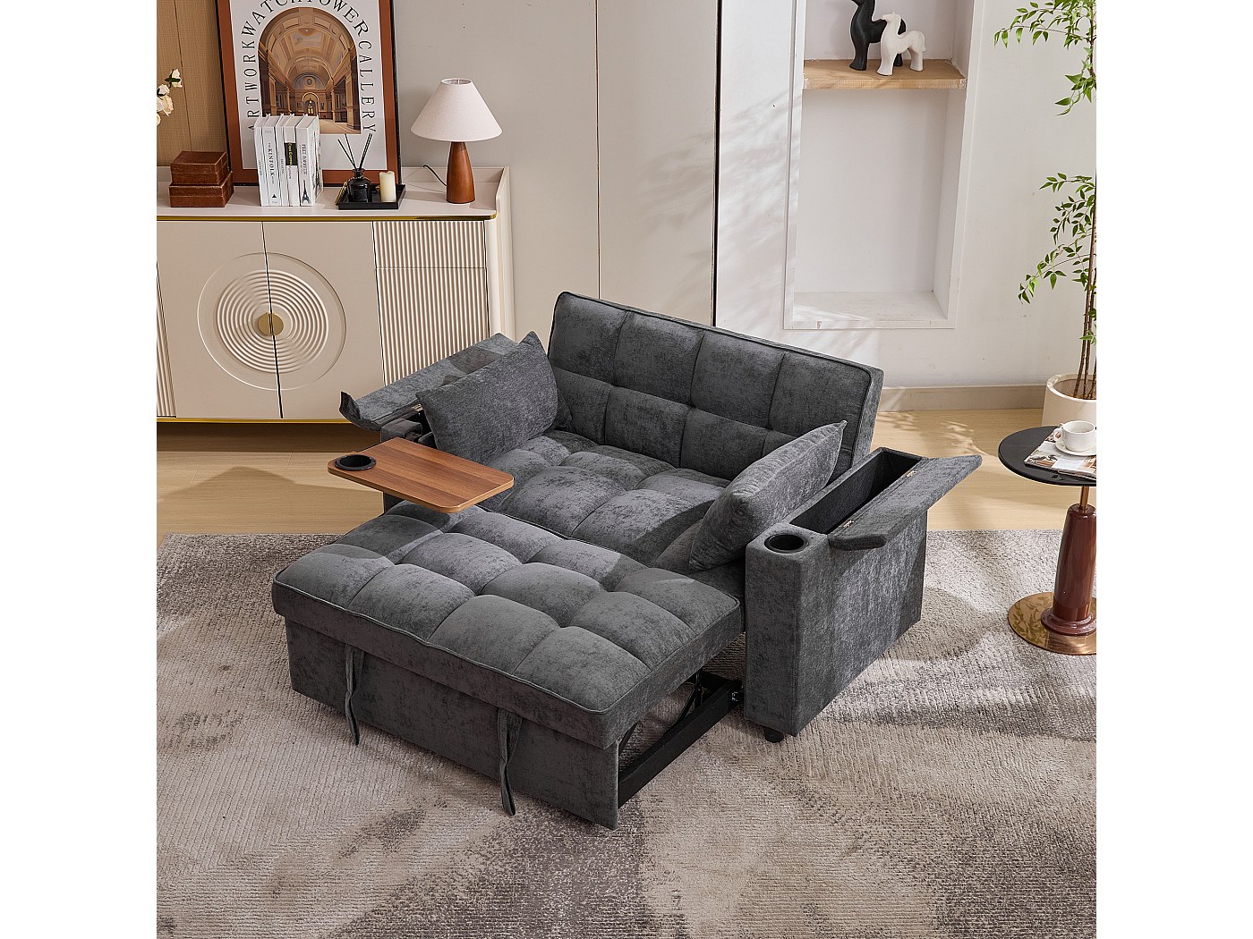 Canapé-lit 1 Place Convertible 3 En 1 - Dossier Réglable, Tissu Lin Beige - Pour Petits Espaces