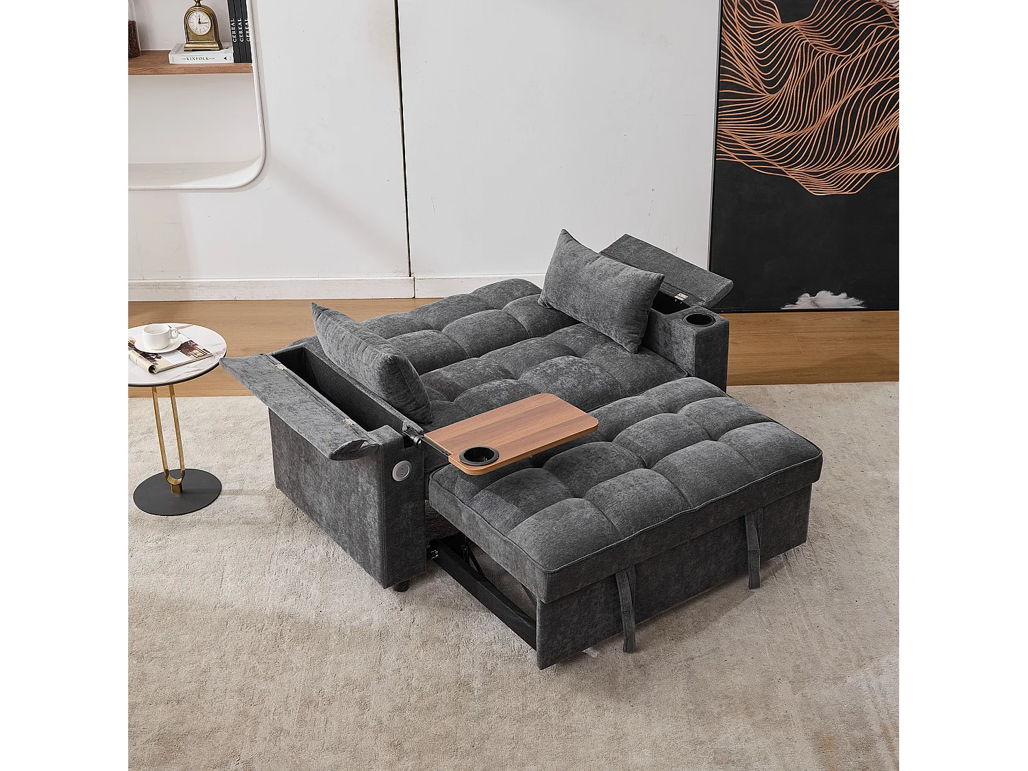 Canapé 2 places convertible 3 en 1 - 140.5 x 74 x 82 cm - avec dossier réglable + USB + 1 table cachée - MDF - gris