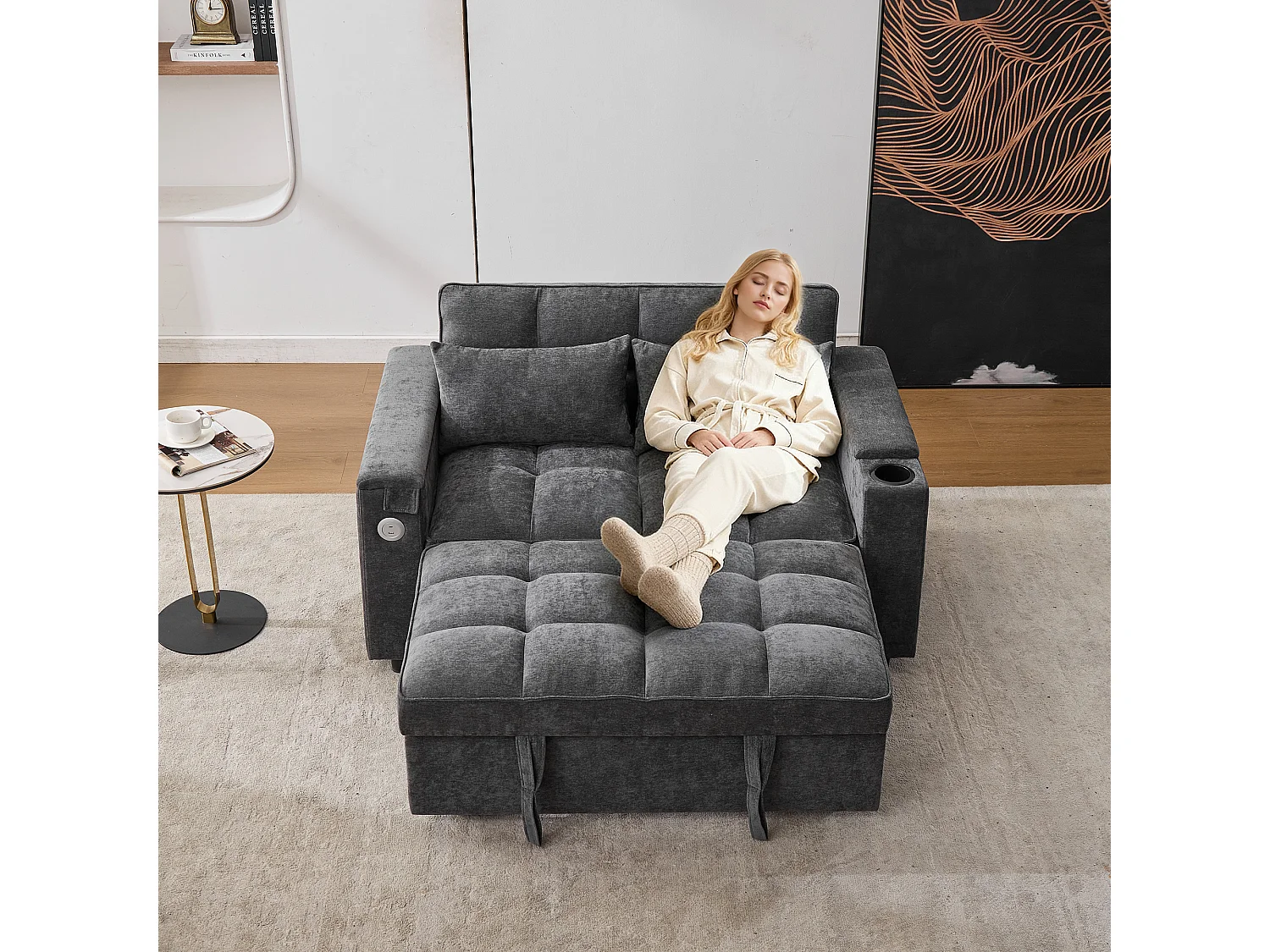 Canapé 2 places convertible 3 en 1 - 140.5 x 74 x 82 cm - avec dossier réglable + USB + 1 table cachée - MDF - gris