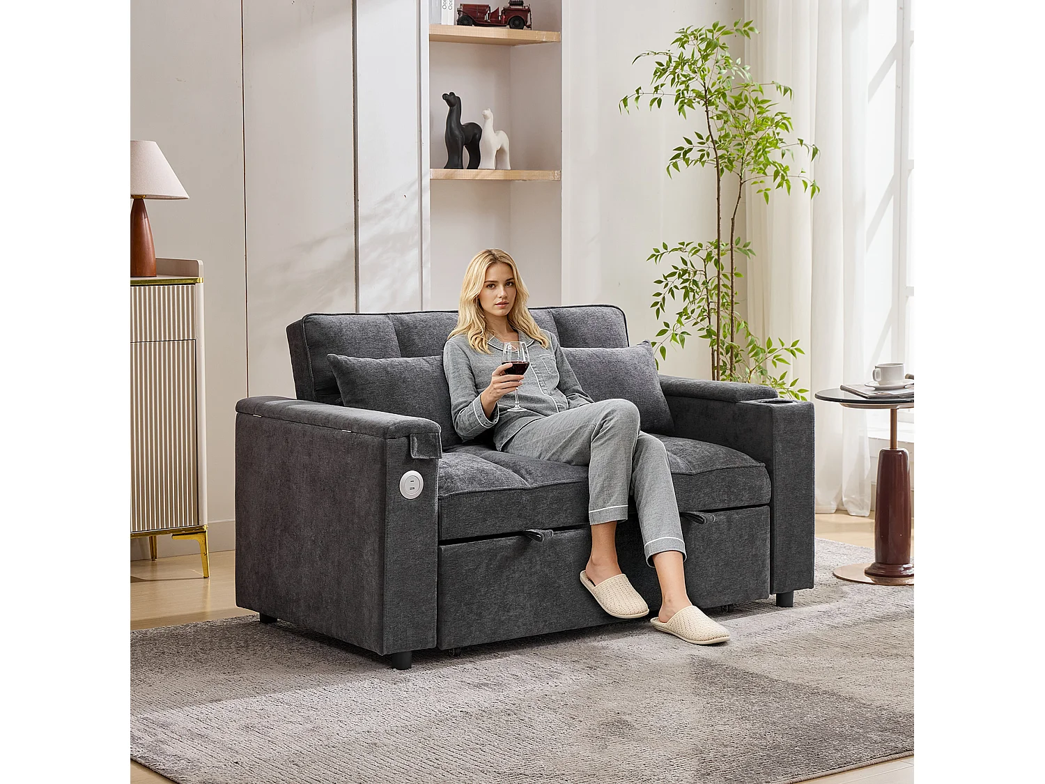 Canapé 2 places convertible 3 en 1 - 140.5 x 74 x 82 cm - avec dossier réglable + USB + 1 table cachée - MDF - gris