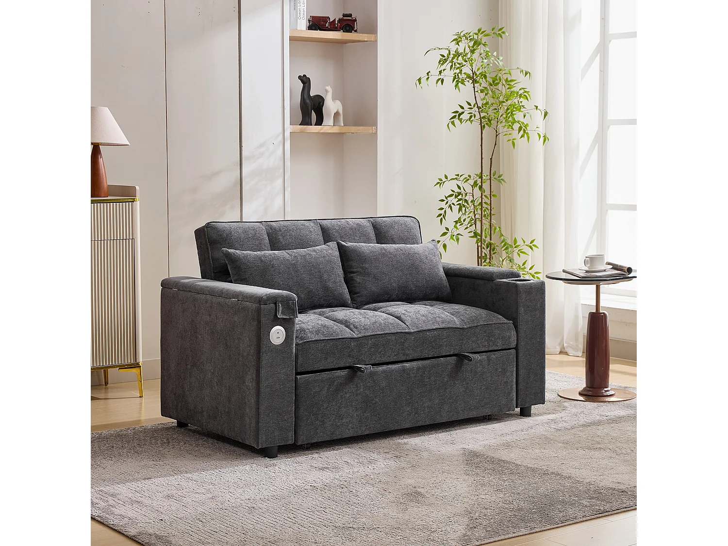 Canapé 2 places convertible 3 en 1 - 140.5 x 74 x 82 cm - avec dossier réglable + USB + 1 table cachée - MDF - gris