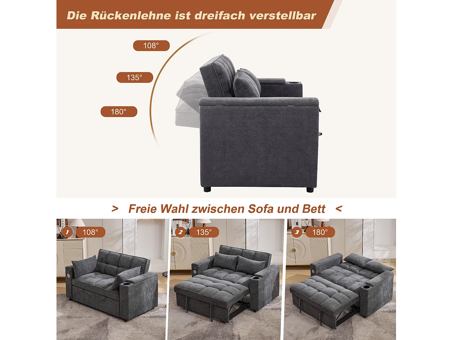 Canapé 2 places convertible 3 en 1 - 140.5 x 74 x 82 cm - avec dossier réglable + USB + 1 table cachée - MDF - gris