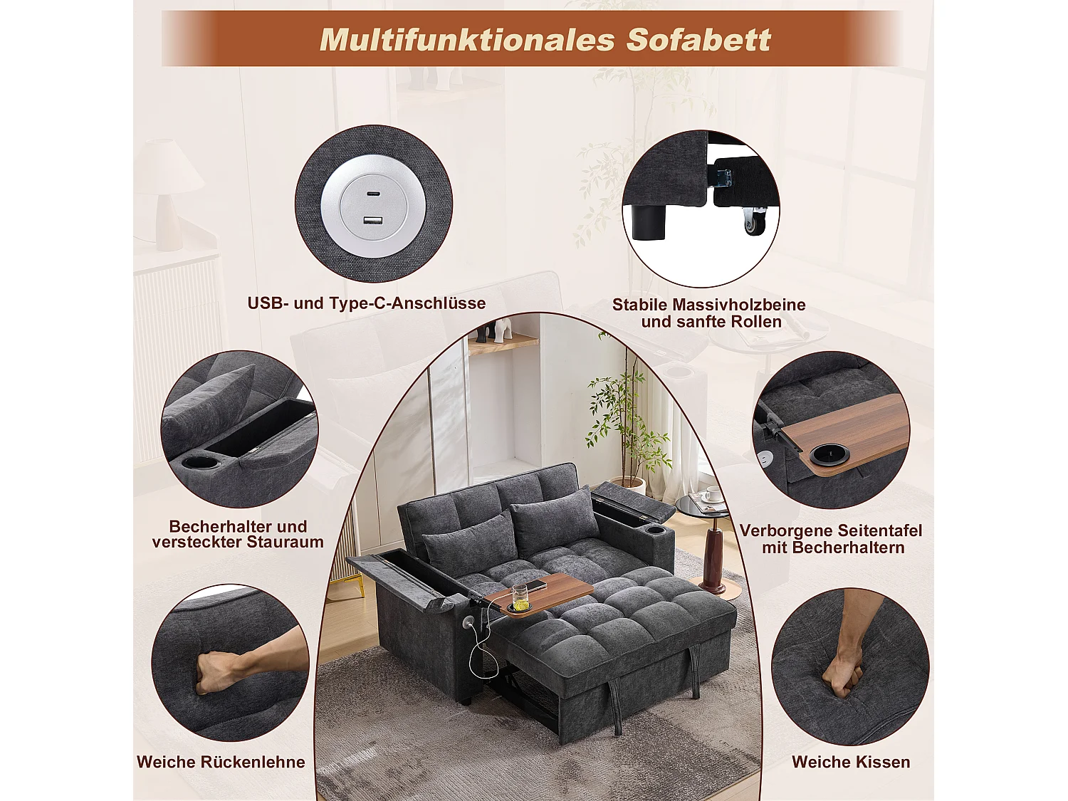 Canapé 2 places convertible 3 en 1 - 140.5 x 74 x 82 cm - avec dossier réglable + USB + 1 table cachée - MDF - gris