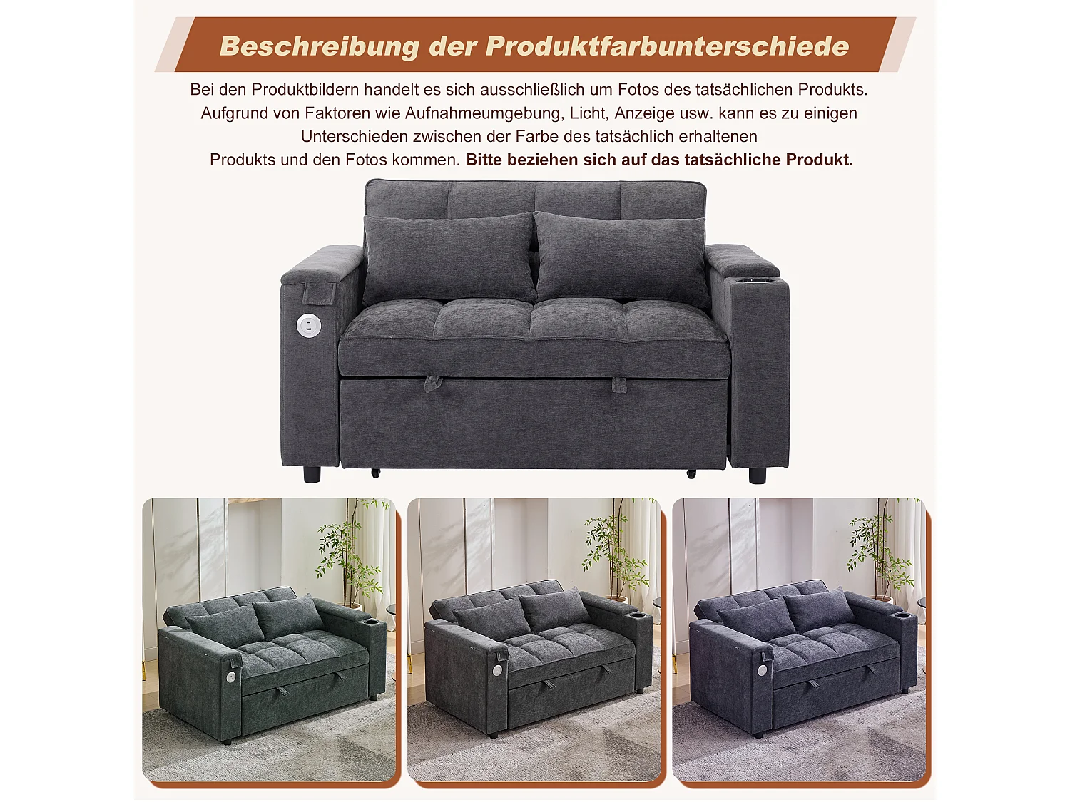 Canapé 2 places convertible 3 en 1 - 140.5 x 74 x 82 cm - avec dossier réglable + USB + 1 table cachée - MDF - gris