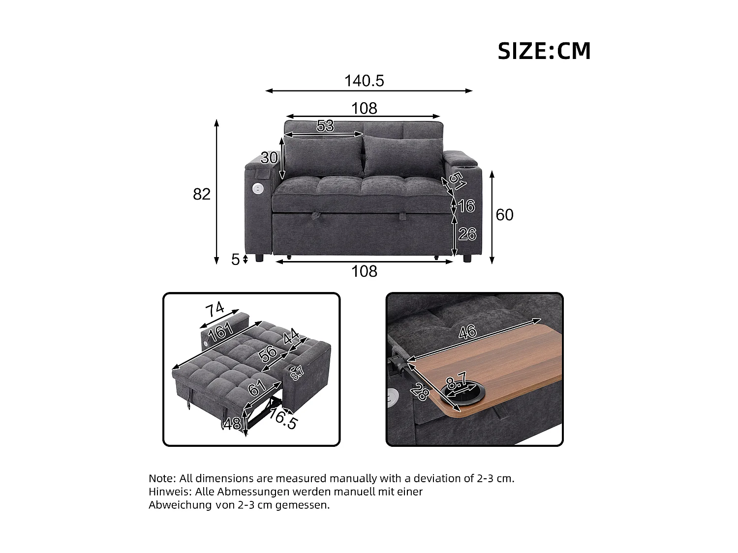 Canapé 2 places convertible 3 en 1 - 140.5 x 74 x 82 cm - avec dossier réglable + USB + 1 table cachée - MDF - gris