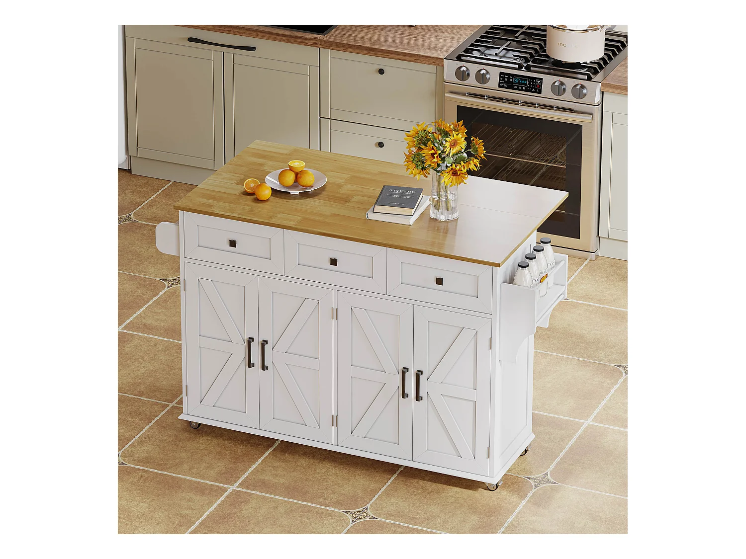 Îlot central à roulettes avec plan de travail rabattable + 4 portes + 3 tiroirs - 140 x 43(70) x 90.5 cm - blanc