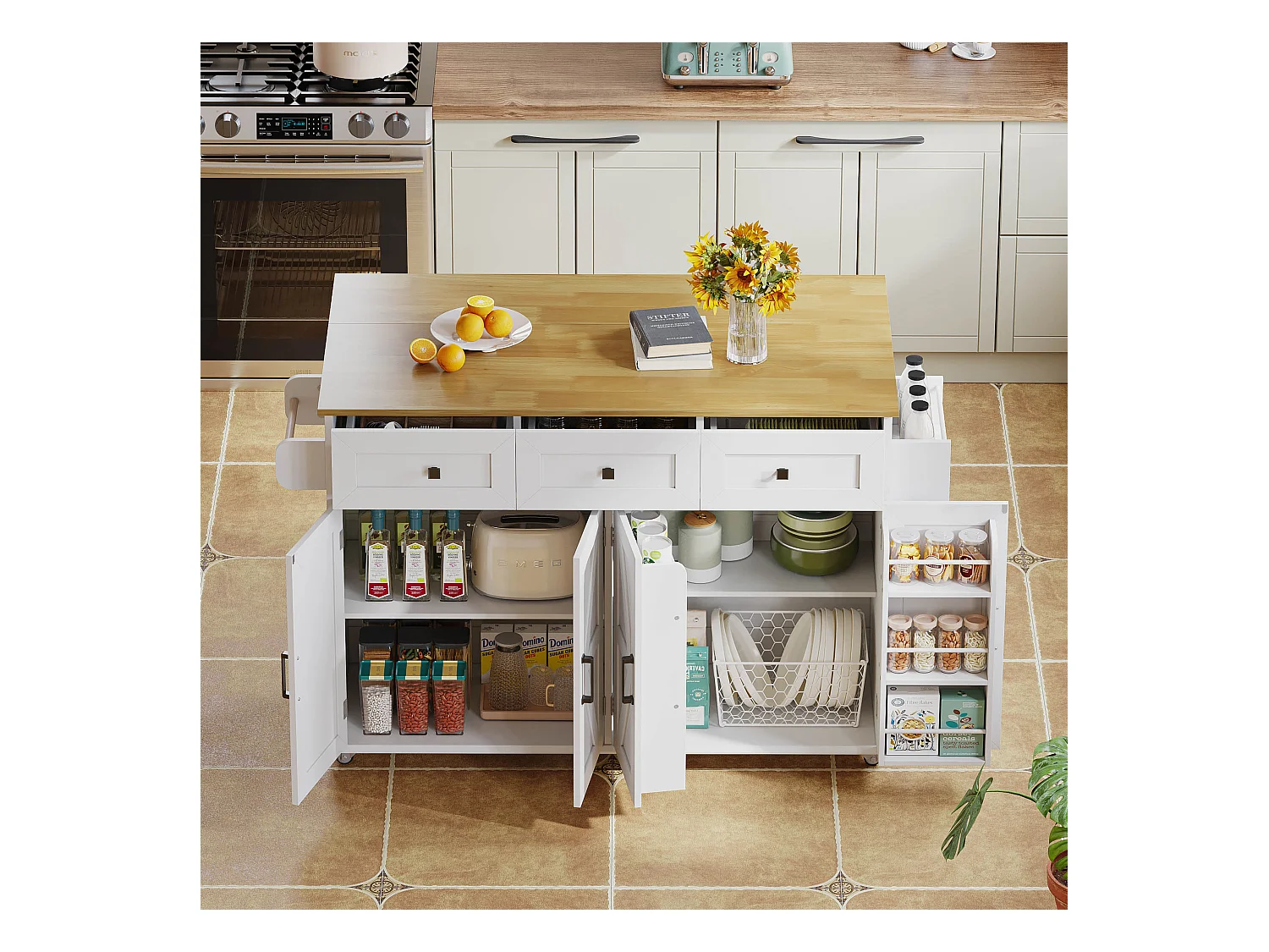 Îlot central à roulettes avec plan de travail rabattable + 4 portes + 3 tiroirs - 140 x 43(70) x 90.5 cm - blanc