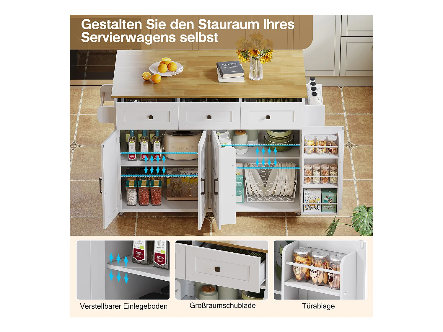 Îlot central à roulettes avec plan de travail rabattable + 4 portes + 3 tiroirs - 140 x 43(70) x 90.5 cm - blanc