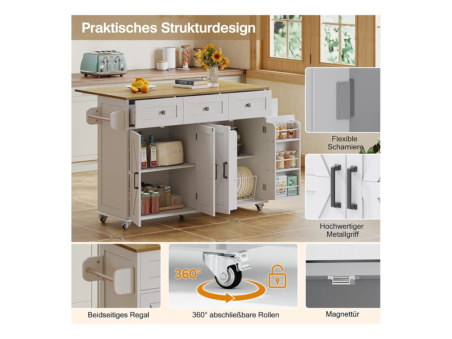 Îlot central à roulettes avec plan de travail rabattable + 4 portes + 3 tiroirs - 140 x 43(70) x 90.5 cm - blanc