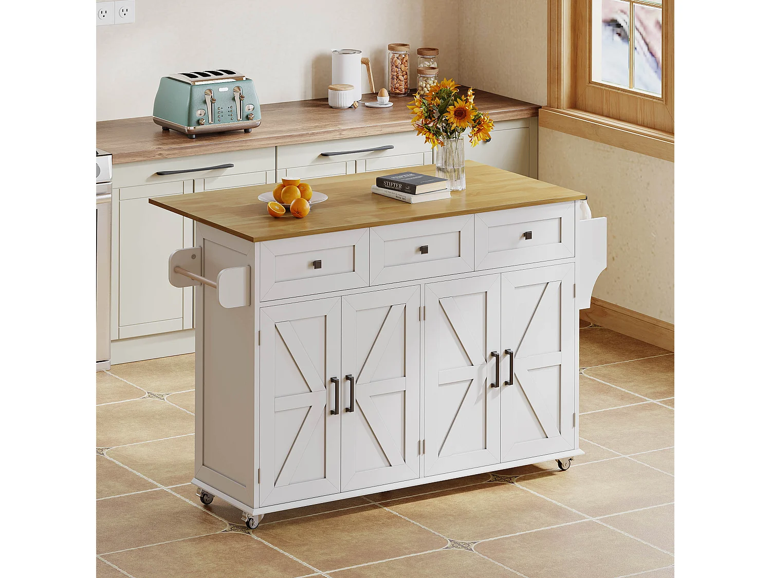 Îlot central à roulettes avec plan de travail rabattable + 4 portes + 3 tiroirs - 140 x 43(70) x 90.5 cm - blanc