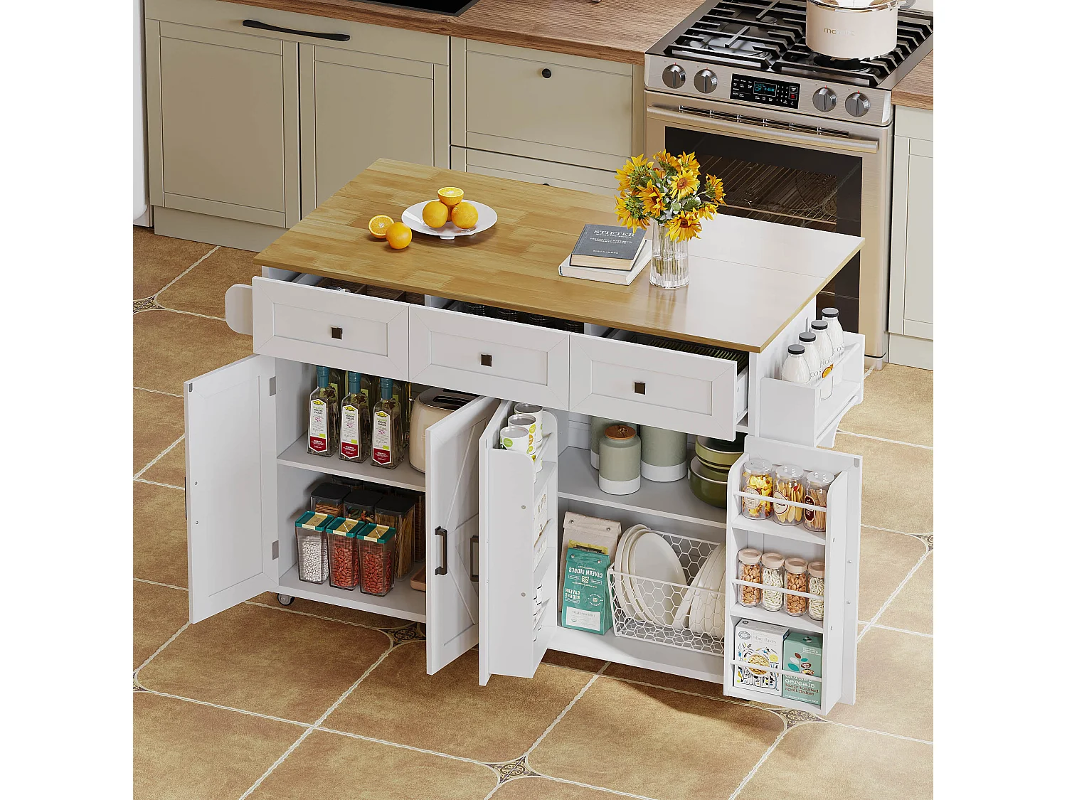 Îlot central à roulettes avec plan de travail rabattable + 4 portes + 3 tiroirs - 140 x 43(70) x 90.5 cm - blanc