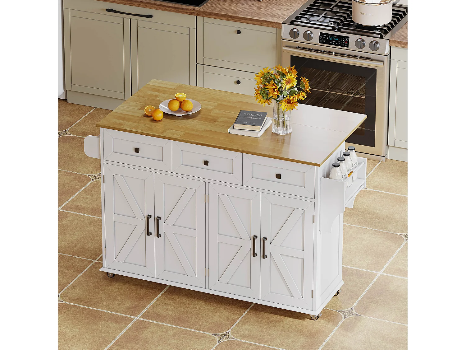 Îlot central à roulettes avec plan de travail rabattable + 4 portes + 3 tiroirs - 140 x 43(70) x 90.5 cm - blanc